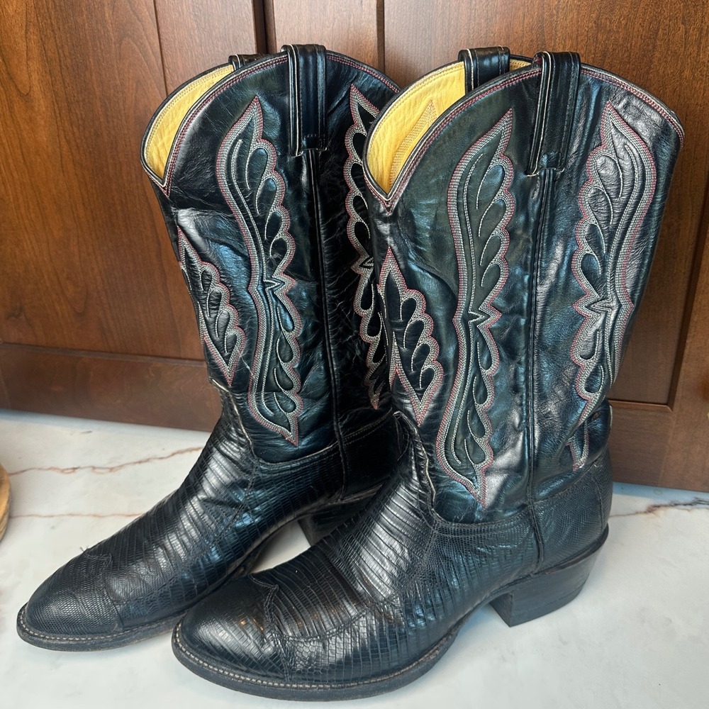 Tony Lama Lizard Skin Cowboy Boots Mens Black Western Stitching USA 8520 10.5